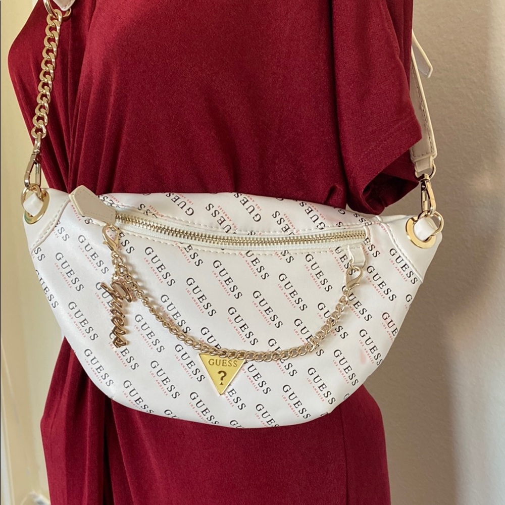 Guess White and Gold Crossbody Bag with Monogram Print